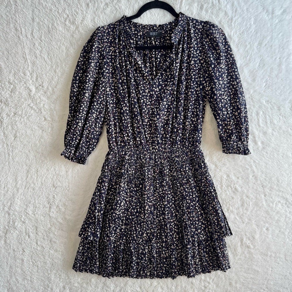 Reset By Jane‎ Dress Women’s Small Blue Floral Mini Tiered Pleated Contemporary